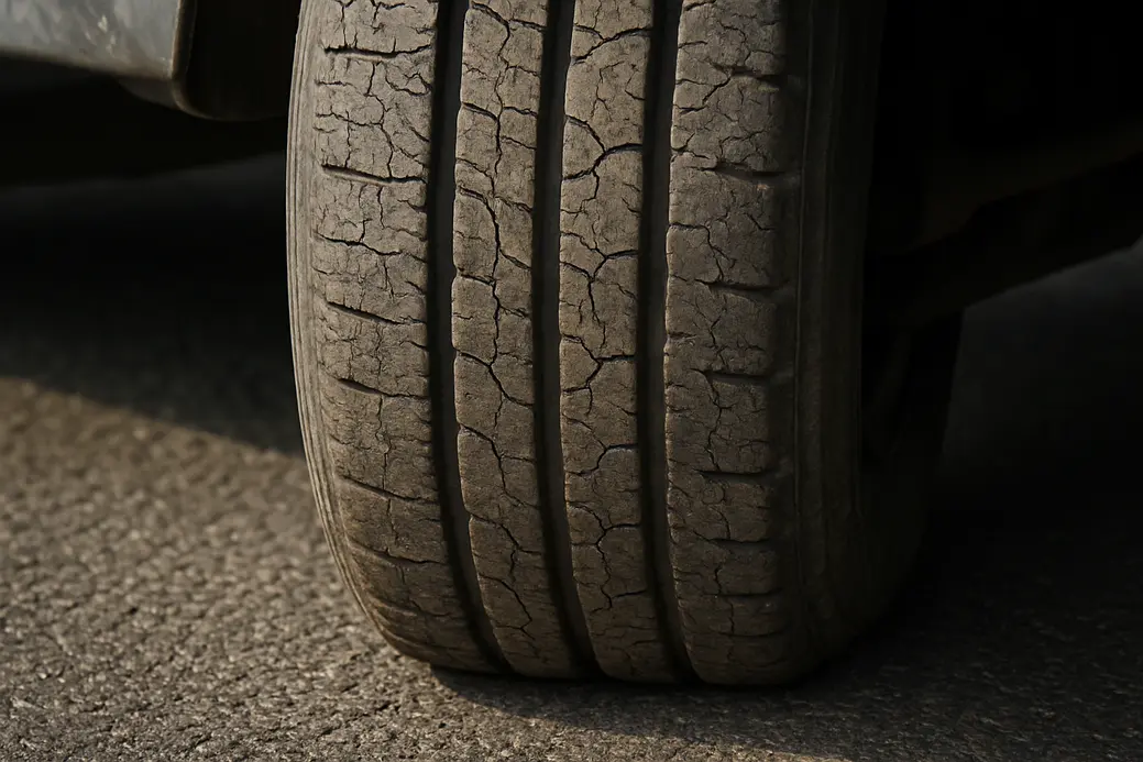 Close-up photograph of a single aged vehicle tire mounted on a car, showing worn tread and cracked rubber texture against an asphalt surface under natural lighting.