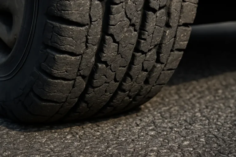 Close-up of a single vehicle-mounted tire with visible rubber deformation and tread damage on an asphalt road surface under naturalistic lighting.