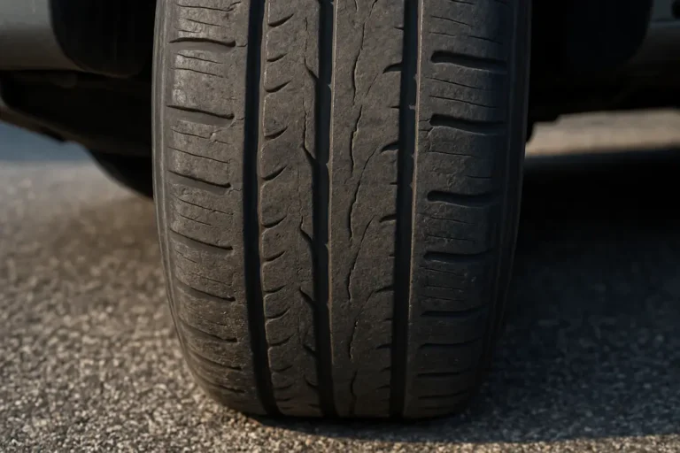 Close-up image of a single mounted car tire with worn and uneven tread patterns making contact with a coarse asphalt surface