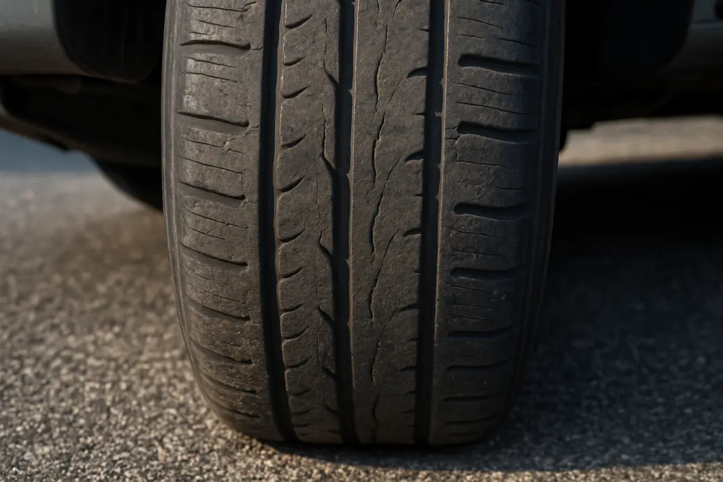 Close-up image of a single mounted car tire with worn and uneven tread patterns making contact with a coarse asphalt surface