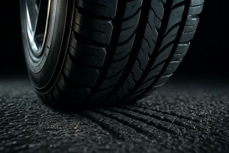 Extreme close-up of a single vehicle tire with visible rubber tread deformation pressing against a rough asphalt road surface, illustrating the effect of low tire pressure.