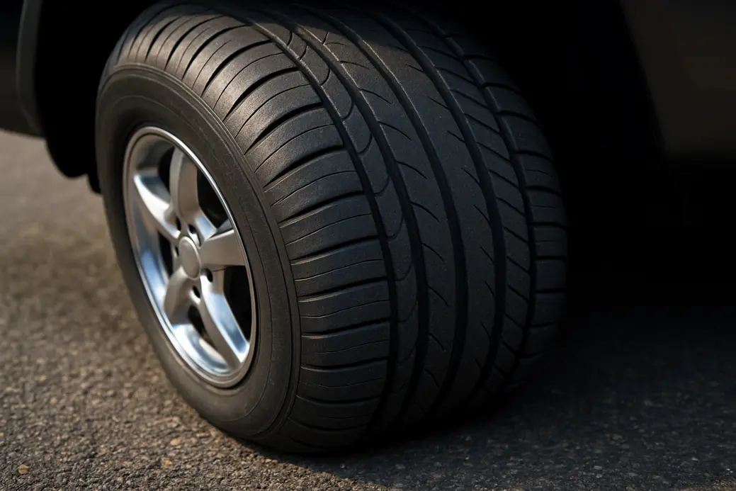 Close-up photorealistic image of an overinflated car tire mounted on a vehicle, showing a firmer rounded tread profile with reduced contact on a textured asphalt surface under natural side lighting