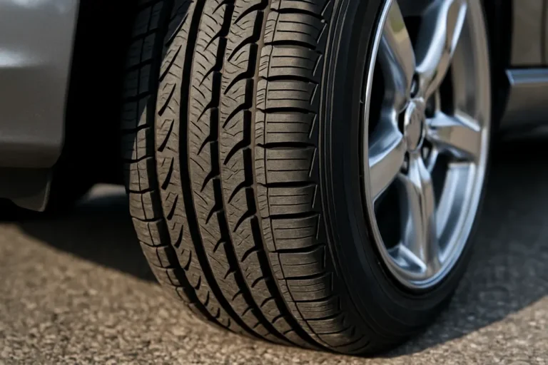 Close-up of a single car tire mounted on a vehicle showing detailed tread and sidewall texture against asphalt road surface with visible vehicle wheel rim