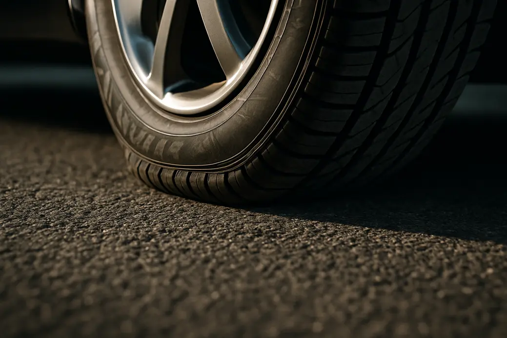 Close-up photo of a single car tire mounted on a vehicle with low pressure causing sidewall bulge and increased tread contact on a realistic asphalt road surface