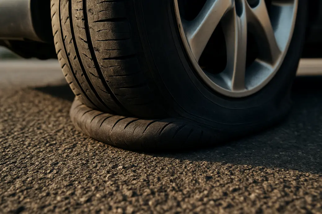 Close-up of a single vehicle-mounted tire with visible sidewall bulging and uneven tread contact on asphalt, illustrating signs of low tire pressure and abnormal wear.