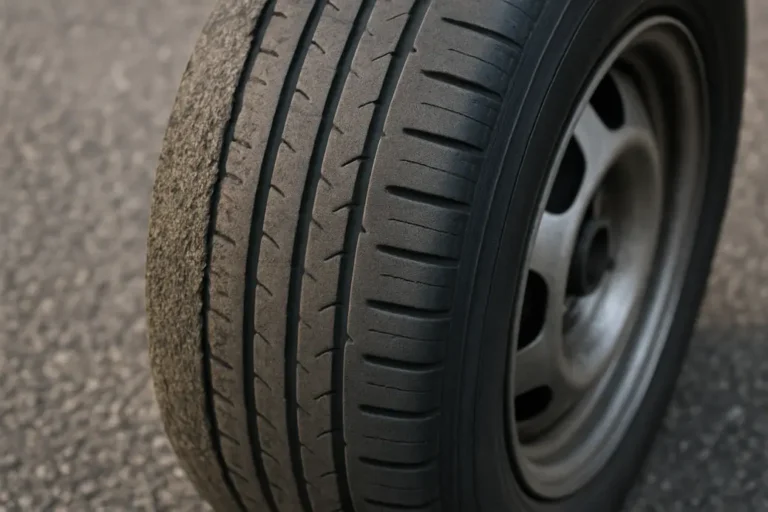 Close-up photograph of a single vehicle tire showing uneven wear on the outer edge of the tread, mounted on the wheel over an asphalt road surface
