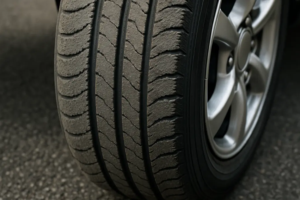 Close-up photorealistic image of a single vehicle tire mounted on a wheel, focusing on the tread with feathered outer edges showing uneven wear and rough rubber texture, set against a coarse asphalt road surface.