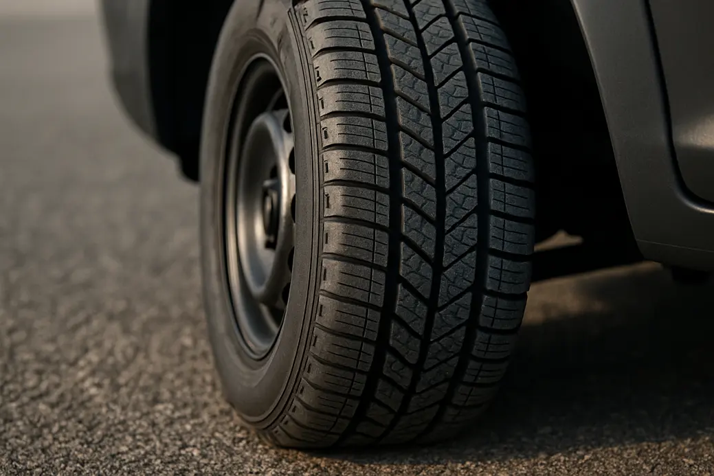 Close-up photograph of a single mounted tire showing detailed rubber tread texture in contact with coarse asphalt surface under natural side lighting