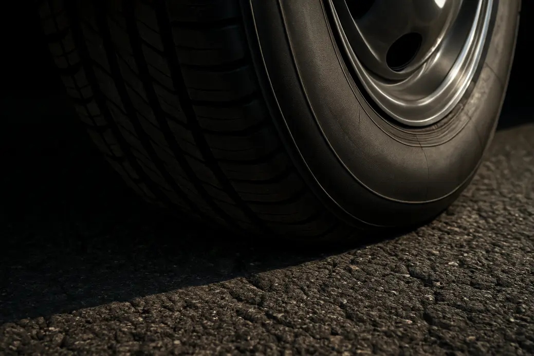 Close-up low-angle photograph of a single high-profile vehicle tire showing detailed rubber deformation and contact patch on asphalt road surface emphasizing cushioning effect