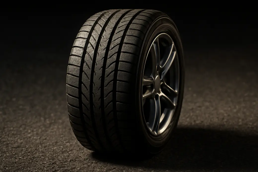 Close-up of a single mounted tire pressing its tread pattern against a coarse asphalt surface, showing realistic rubber texture and deformation under load, with controlled lighting highlighting grip and suspension effects.