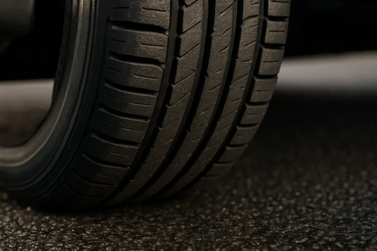 Extreme close-up of a single car tire mounted on a vehicle showing tread pattern and sidewall deformation on coarse asphalt road surface under natural side lighting highlighting rubber texture and road contact area