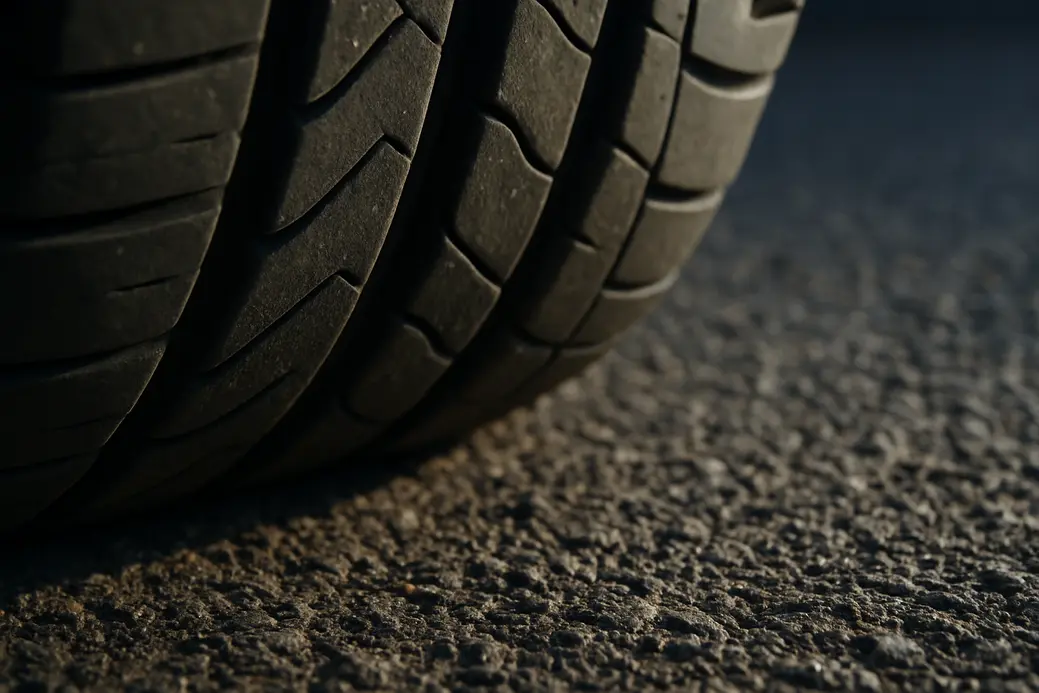 Close-up photograph of a single vehicle-mounted tire in contact with asphalt, showing detailed tread pattern and natural rubber deformation under load highlighting ride comfort features