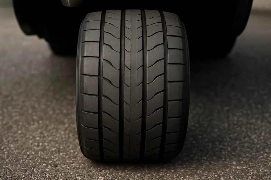 Close-up photograph of a single hard tire mounted on a vehicle, showing the tread pattern with minimal deformation on a coarse asphalt surface under natural lighting.