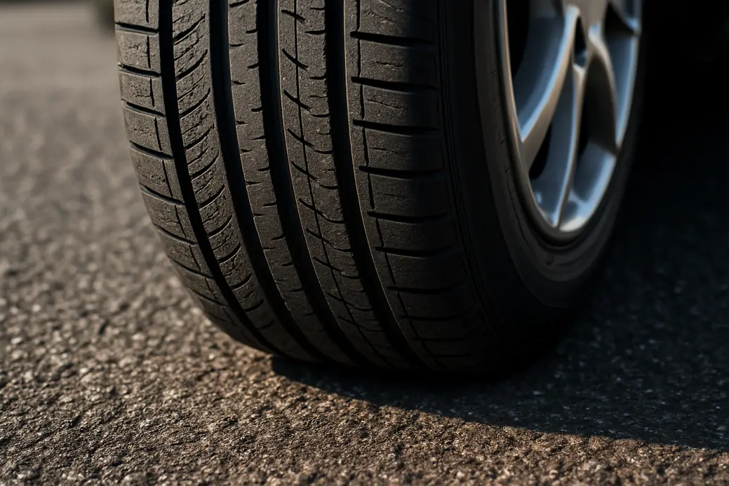 Close-up photorealistic image of a single car tire mounted on a vehicle making contact with a coarse asphalt road surface, highlighting the tread pattern and vulcanized rubber texture