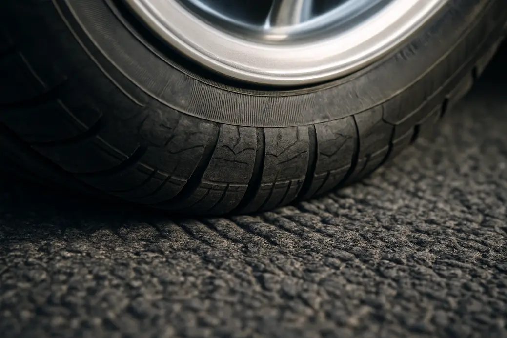 Close-up macro photograph of a single vehicle tire slightly deformed where the tread contacts a coarse asphalt road surface showing realistic rubber tread deformation and contact patch details under natural lighting.