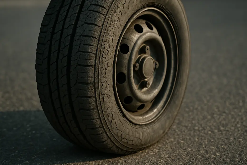 Close-up photorealistic image of a single aged vehicle tire showing cracked dry rubber and worn tread on an asphalt road background