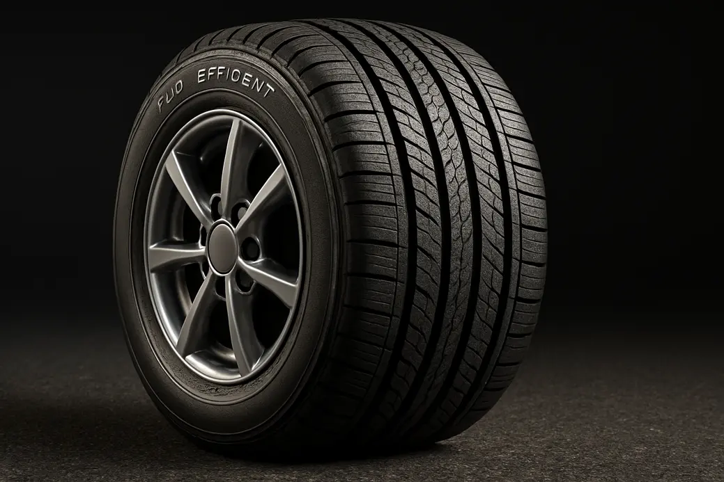 Close-up photorealistic image of a single fuel efficient tire mounted on a vehicle rim in contact with a coarse asphalt surface, showing detailed rubber tread pattern and rim reflections under controlled side lighting.