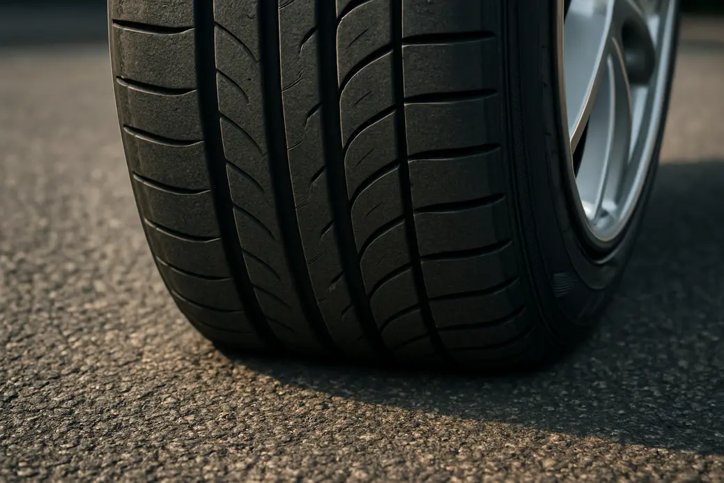 Close-up photorealistic image of a single wide car tire mounted on a vehicle, showing detailed rubber tread pressed against coarse asphalt with visible deformation and texture under natural lighting.