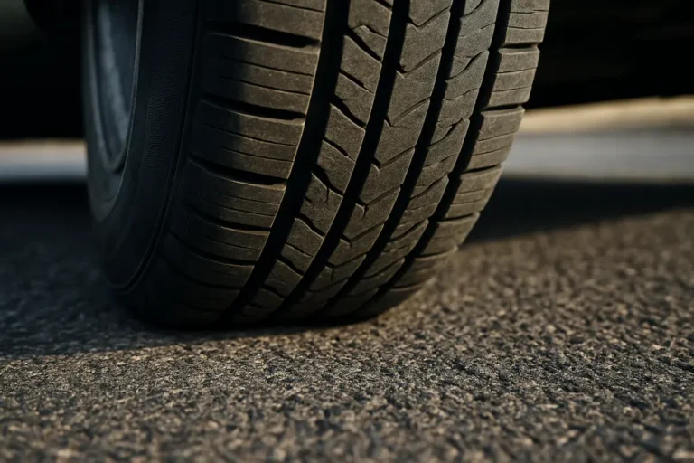 Close-up photorealistic image of a single vehicle-mounted tire showing detailed tread pattern and rubber texture in contact with a coarse asphalt surface, emphasizing material characteristics relevant to performance and safety.