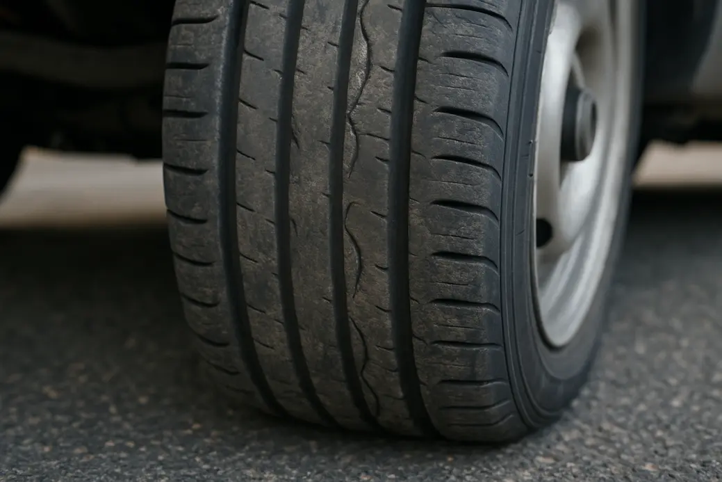 Close-up photograph of a single vehicle tire with visible uneven tread wear mounted on a vehicle, positioned on an asphalt road surface with natural lighting highlighting rubber texture.