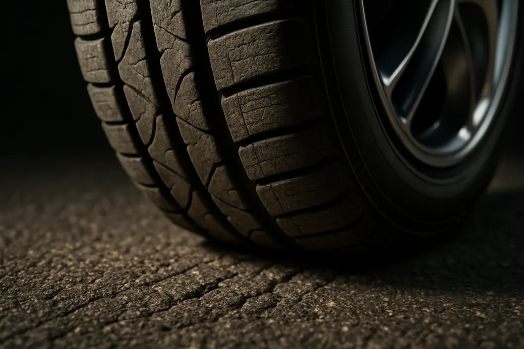 Close-up photorealistic image of a single mounted tire with detailed rubber tread and visible contact patch deforming against a coarse asphalt road surface under dramatic side lighting